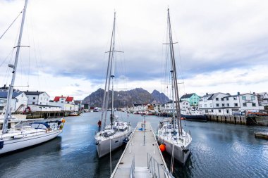 Norveç, Lofoten Adaları 'ndaki Henningsvaer manzarası liman boyunca uzanan ve arka planda dağlar bulunan geleneksel binaları gösteriyor..