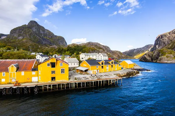 Norveç, Lofoten Adaları 'ndaki Nusfjord manzaralı, kırmızı ve sarı ahşap evler, tekneler ve kristal berrak sularla.