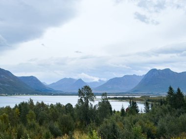 Sükunet kristal berrak su Kuzey Norveç 'te dağları yansıtıyor bulutlu bir gökyüzünün altında