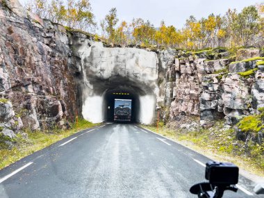 Norveç 'teki Senja Adası' nın sonbahar manzarası. Renkli yaprakları, dağları ve dingin fiyortları var..