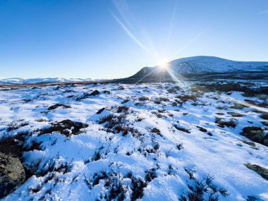 Norveç 'in güneyindeki Dovrefjell Ulusal Parkı' nda sonbahar manzarası, kar ve bitki örtüsüyle çevrili.