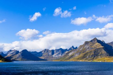 Lofoten Adaları, Norveç 'te sonbahar manzarası, renkli yeşillikler ve barışçıl fiyort içerir..