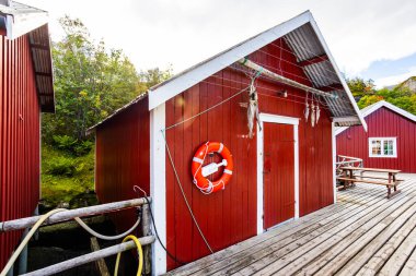 Norveç, Lofoten Adaları 'ndaki Nusfjord manzaralı, kırmızı ve sarı ahşap evler, tekneler ve kristal berrak sularla.