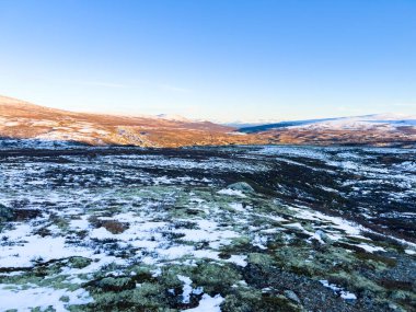 Norveç 'in güneyindeki Dovrefjell Ulusal Parkı' nda sonbahar manzarası, kar ve bitki örtüsüyle çevrili.