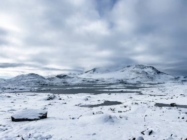Norveç 'in güneyindeki Sognefjellsvegen yolu boyunca uzanan kış manzarası, karla kaplı dağlar ve geniş, sakin bir arazi içerir..