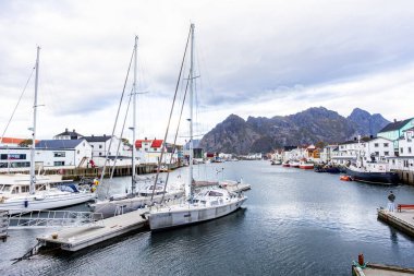 Norveç, Lofoten Adaları 'ndaki Henningsvaer manzarası liman boyunca uzanan ve arka planda dağlar bulunan geleneksel binaları gösteriyor..