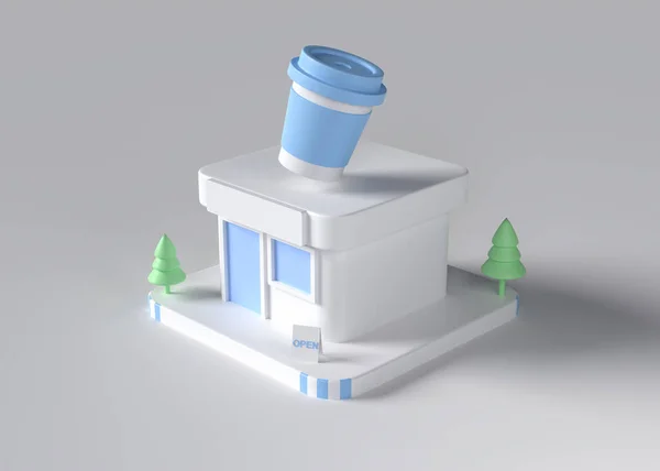 3Dミニマムコーヒーショップ 白を基調としたブルーパステルショップコーヒーカップ 3Dレンダリング — ストック写真