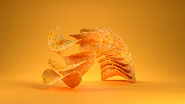 오렌지 배경에 감자칩 렌더링 — 스톡 사진