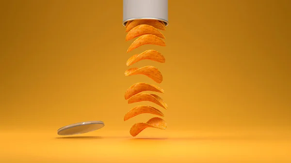 Renderização Batatas Fritas Que Caem Lata Uma Mesa Comida Plástico — Fotografia de Stock