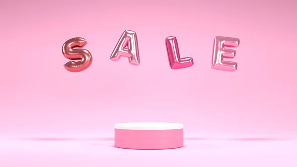 Weergave Van Roze Pastel Podium Ballon Tekst Sale Roze Achtergrond — Stockfoto