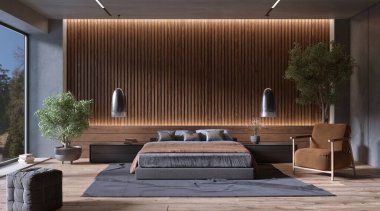 Slat ahşap duvar panelleri ile modern yatak odası iç mimarisi, 3 boyutlu. 