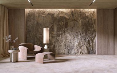 Natural Mountain Rock Wall in modern living room interior, 3d render