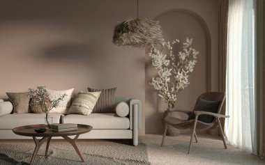 Kemer duvarı arka planında minimalist iç tasarım. Duvar modelleme konsepti, 3D düzenleme 