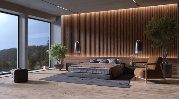 Modern bedroom interior with slat wood wall panels, 3d rendering