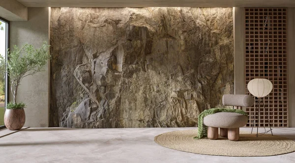 Natural Mountain Rock Wall in modern living room interior, 3d render