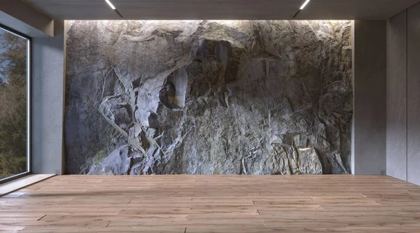 Natural Mountain Rock Wall in modern bedroom interior, 3d render