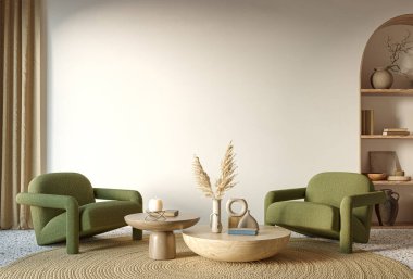 Kemer duvarı arka planında minimalist iç tasarım. Duvar modelleme konsepti, 3D düzenleme