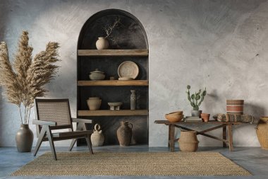 Wabi Sabi iç dizaynı kemer duvarı arka planında. Duvar modelleme konsepti, 3D düzenleme