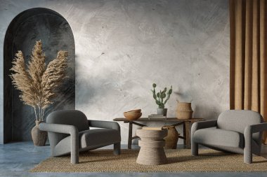 Wabi Sabi iç dizaynı kemer duvarı arka planında. Duvar modelleme konsepti, 3D düzenleme