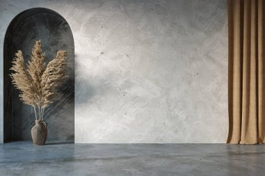 Wabi Sabi iç dizaynı kemer duvarı arka planında. Duvar modelleme konsepti, 3D düzenleme
