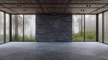 Modern living room interior with panoramic windows and natural rock wall, 3d render 