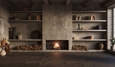 Wabi Sabi oturma odasının içi. İç modelleme, 3D canlandırma