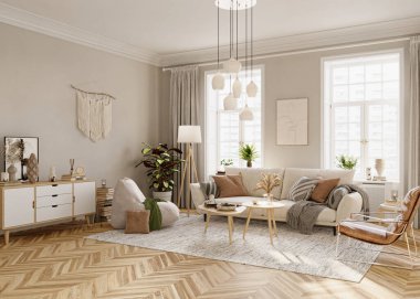 Pencereleri ve bej duvarları olan parlak oturma odası tasarımı modern kanepe, kolluklar, yer lambası, kahve masası ve diğer dekoratif elementlerle döşenmiştir. 