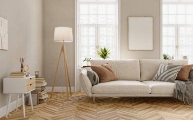 Pencereleri ve bej duvarları olan parlak oturma odası tasarımı modern kanepe, büfe, yer lambası ve diğer dekoratif elementlerle donatılmıştır. 