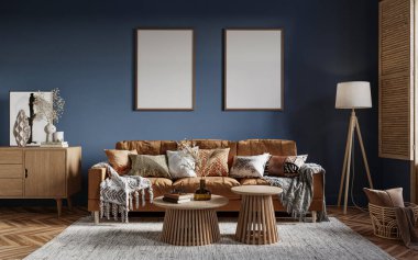 Modern oturma odası, koyu mavi arka plan, rahat kanepe, büfe, yer lambası, kahve masası. Model konsepti, 3D görüntüleme 