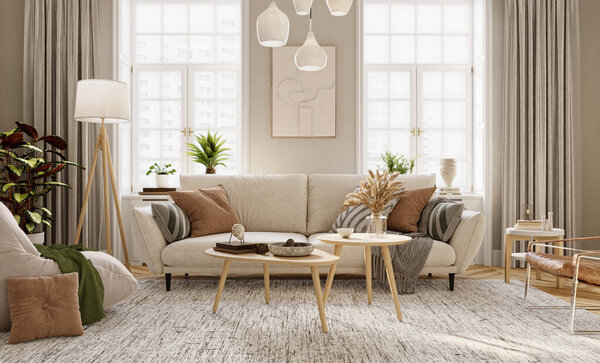 Bright living room interior design with windows and beige walls is furnished with modern sofa, armchares, floor lamp, coffee table and other decorative elements, 3d rendering 