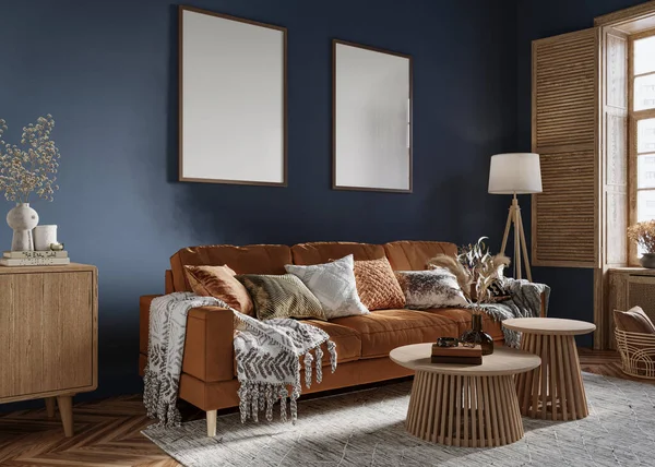 Salon Intérieur Moderne Avec Fond Mural Bleu Foncé Canapé Confortable — Photo