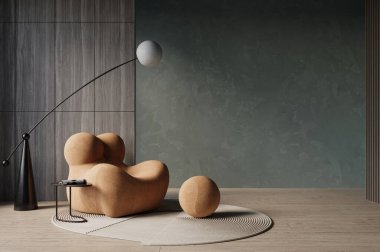 Modern oturma odası tasarımı, sıva duvar, ahşap döşeme, rahat mobilyalar, kanepe, koltuk. Model konsepti, 3D görüntüleme