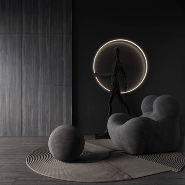 Modern oturma odası tasarımı, sıva duvar, ahşap döşeme, rahat mobilyalar, kanepe, koltuk. Model konsepti, 3D görüntüleme