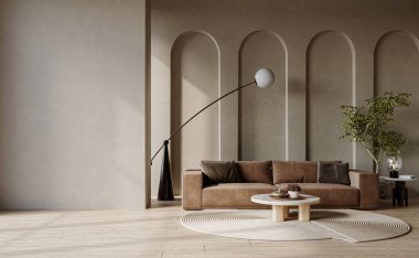 Modern oturma odası tasarımı, sıva duvar, ahşap döşeme, rahat mobilyalar, kanepe, koltuk. Model konsepti, 3D görüntüleme