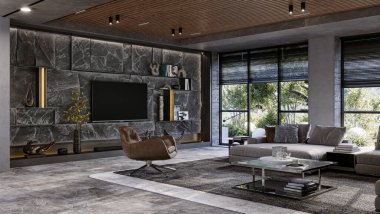 Mountain Rock Duvarı modern oturma odasının içinde. Doğal iç mekan taş duvar ve fırın, 3 boyutlu. 