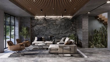 Mountain Rock Duvarı modern oturma odasının içinde. Doğal iç mekan taş duvar ve fırın, 3 boyutlu. 