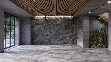 Dağ Duvarı modern dairede. Taş işlemeli duvarlar, 3D işlemeli. 