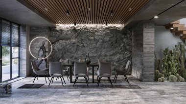 Mountain Rock Duvarı modern oturma odasının içinde. Doğal iç mekan taş duvar ve fırın, 3 boyutlu. 