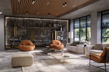 Mountain Rock Duvarı modern oturma odasının içinde. Doğal iç mekan taş duvar ve fırın, 3 boyutlu. 