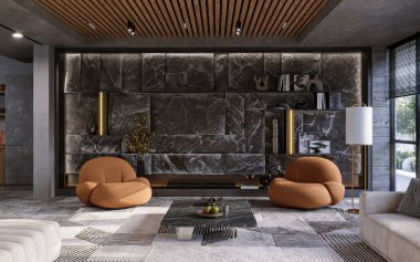 Mountain Rock Duvarı modern oturma odasının içinde. Doğal iç mekan taş duvar ve fırın, 3 boyutlu. 