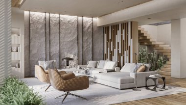 Mountain Rock Duvarı modern oturma odasının içinde. Doğal kapalı taş duvar, 3 boyutlu.