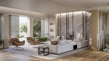 Mountain Rock Duvarı modern oturma odasının içinde. Doğal kapalı taş duvar, 3 boyutlu.