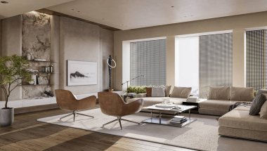 Modern iç dizaynlı televizyon duvarı. Taş duvar özellikleri, 3D görüntüleme.