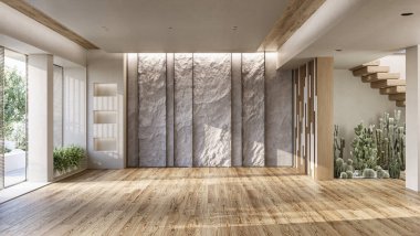 Mountain Rock Duvarı modern oturma odasının içinde. Doğal kapalı taş duvar, 3 boyutlu.