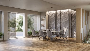 Mountain Rock Duvarı modern oturma odasının içinde. Doğal kapalı taş duvar, 3 boyutlu.
