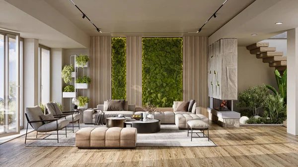 Dinding Lumut Rusa Interior Ruang Tamu Modern Pemandangan Vertikal Dari — Stok Foto