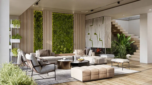 Reindeer moss wall in modern living room interior. Vertical landscaping of walls, 3d rendering