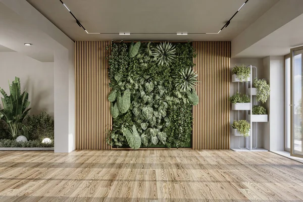 Live green wall in home interior. Vertical gardening, 3d rendering