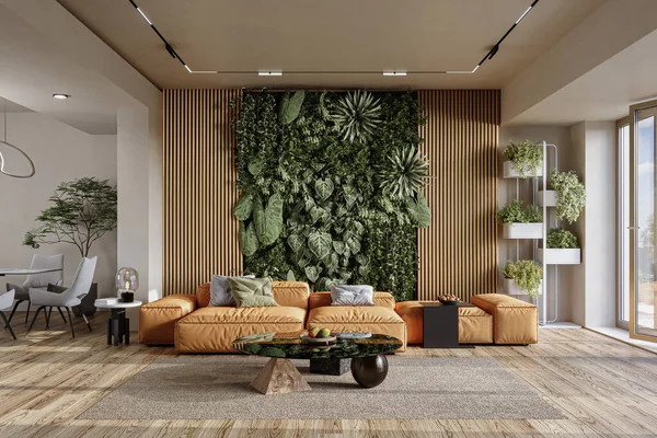 Live Green Wall Home Interior Vertical Gardening Rendering — Stock Photo, Image