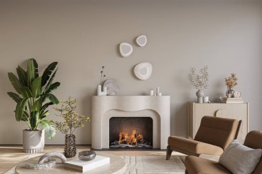 Ilık, parlak duvarları ve ahşap döşemeleri olan, rahat bir oturma odasında şömine.  